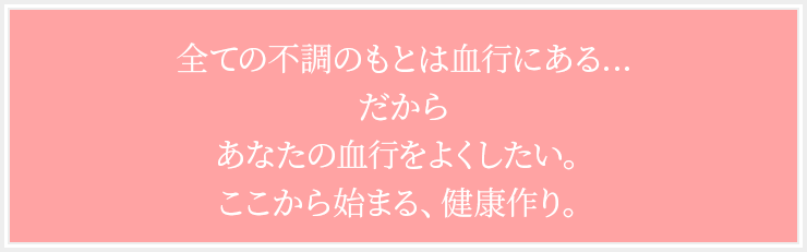 全ての不調のもとは血行にある…だからあなたの血行をよくしたい。ここから始まる、健康作り。